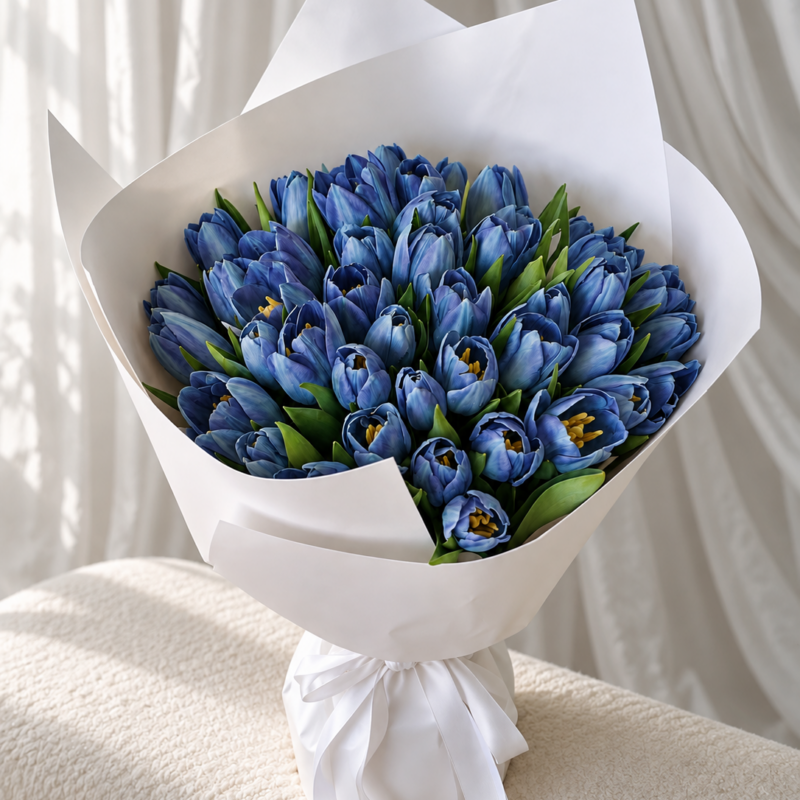 48 blue tulips in white wrapping with a matching white ribbon, beside a window