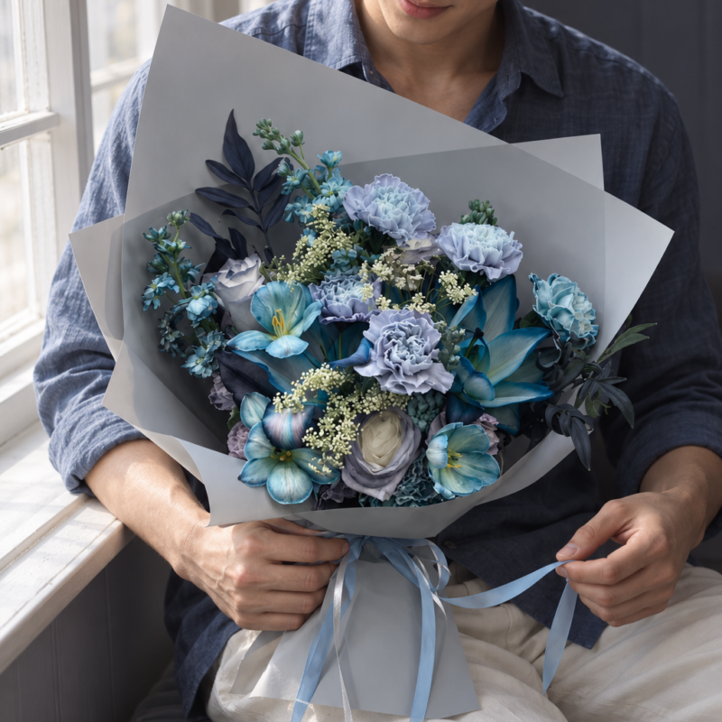 Man holding a blue tulip, carnation and rose bouquet in grey wrapping