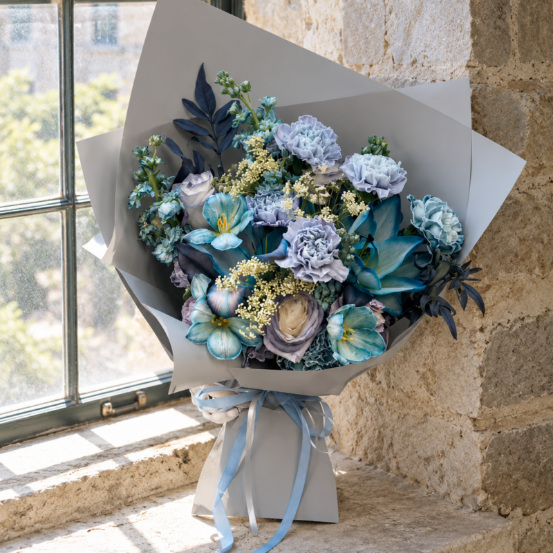 Blue tulip, carnation and rose bouquet in grey wrapping on a windowsill