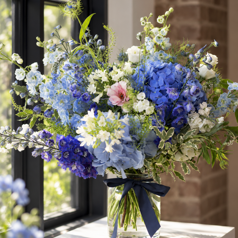 Blue and white hydrangea, delphinium and rose arrangement in a clear glass vase