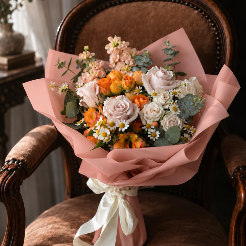 Callie bouquet with matching blush pink wrapping around the flowers and stem handle, finished with an ivory ribbon, on an antique chair