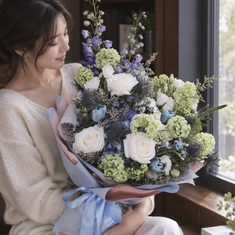 Woman holding a grand ivory rose and blue tulip bouquet with delphiniums and lime green snowball blooms