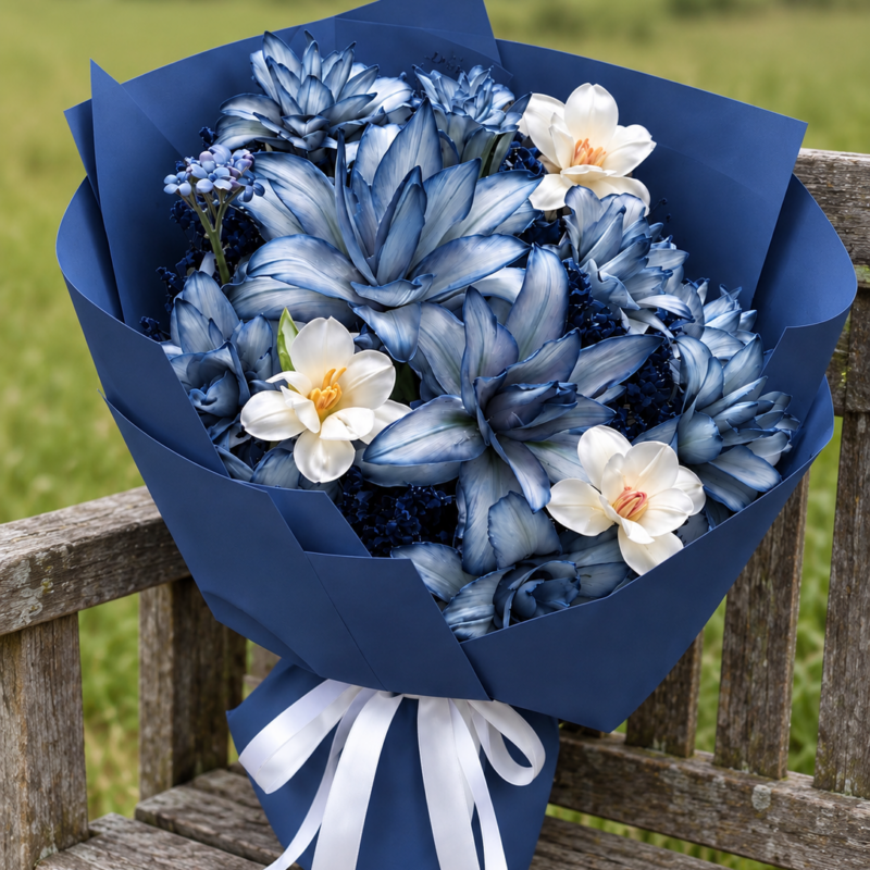 Blue and white tulip bouquet in navy wrapping with a white ribbon on a wooden bench