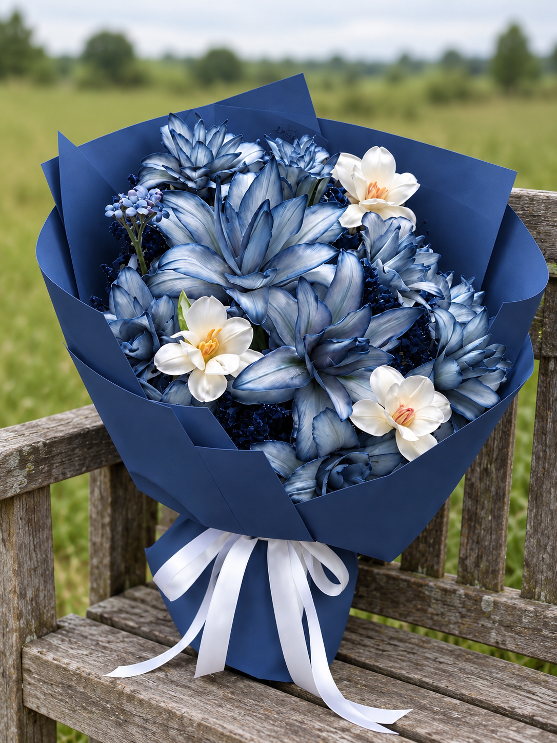 Blue and white tulip bouquet in navy wrapping with a white ribbon on a wooden bench