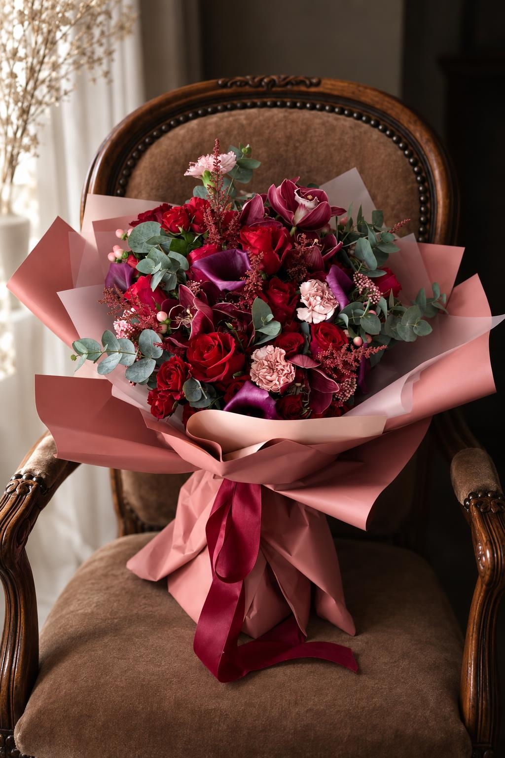 Grandeur bouquet of red roses, burgundy calla lilies and orchids with blush carnations in pink wrapping