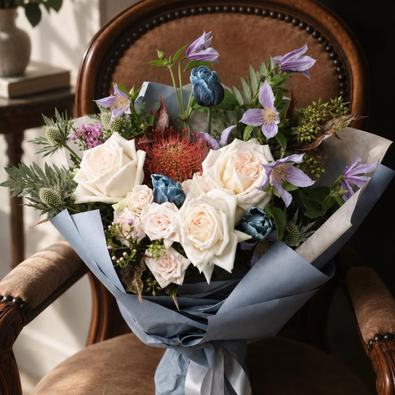 Ivory rose and blue tulip bouquet with lilac clematis and an orange pincushion in slate blue wrapping