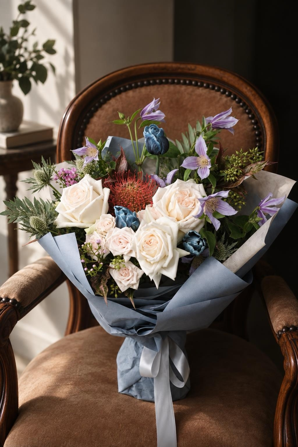 Ivory rose and blue tulip bouquet with lilac clematis and an orange pincushion in slate blue wrapping