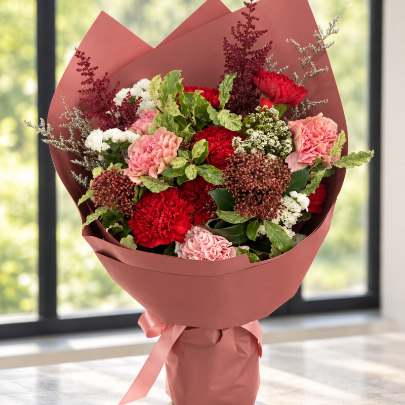 Moulin with red and pink carnations, burgundy filler and variegated greenery, wrapped in dusty rose paper beside a window