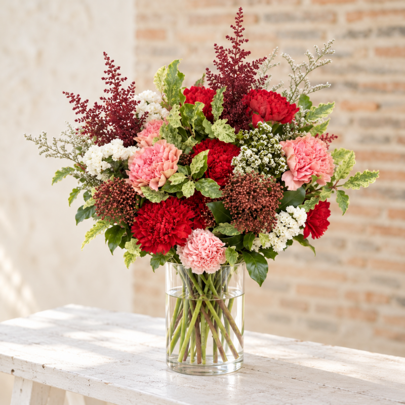 Moulin red and pink carnations with white flowers, burgundy skimmia and variegated greenery arranged in a clear cylindrical glass vase