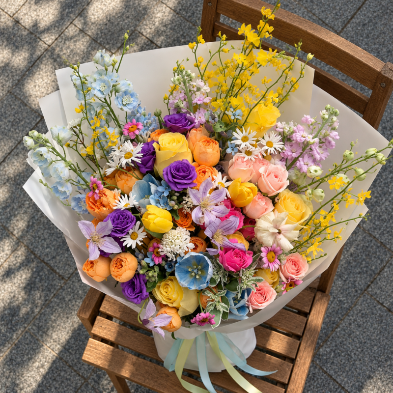 Omakase Mixed Colours bouquet with yellow orchids, colourful roses and pastel flowers in white wrapping, viewed from above on a wooden chair