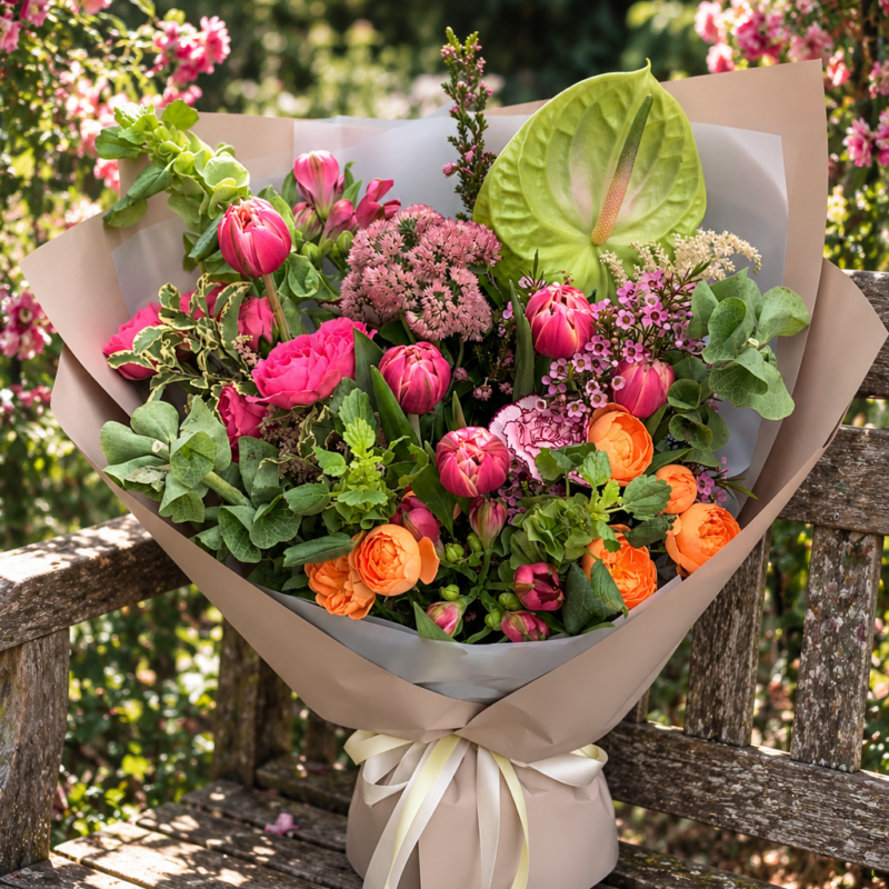Omakase Wild Colour bouquet with vivid pink and orange flowers and a green anthurium, wrapped in taupe paper on a garden bench