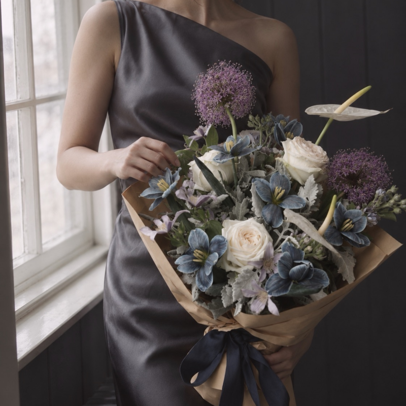 Woman holding a blue tulip and ivory rose bouquet with white anthurium, purple alliums and silver foliage
