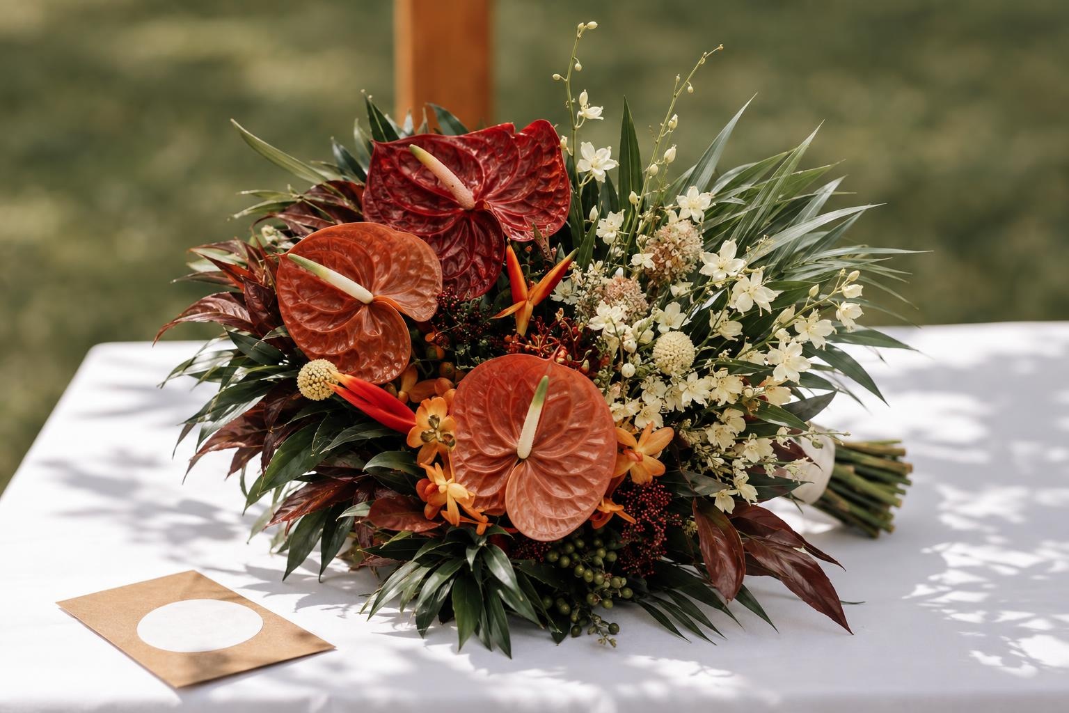 Burgundy Anthurium & Rust Orchid Bridal Bouquet