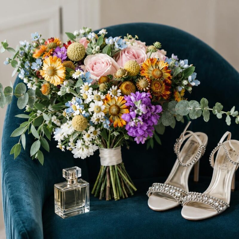 Pink Rose & Colourful Wildflower Bridal Bouquet