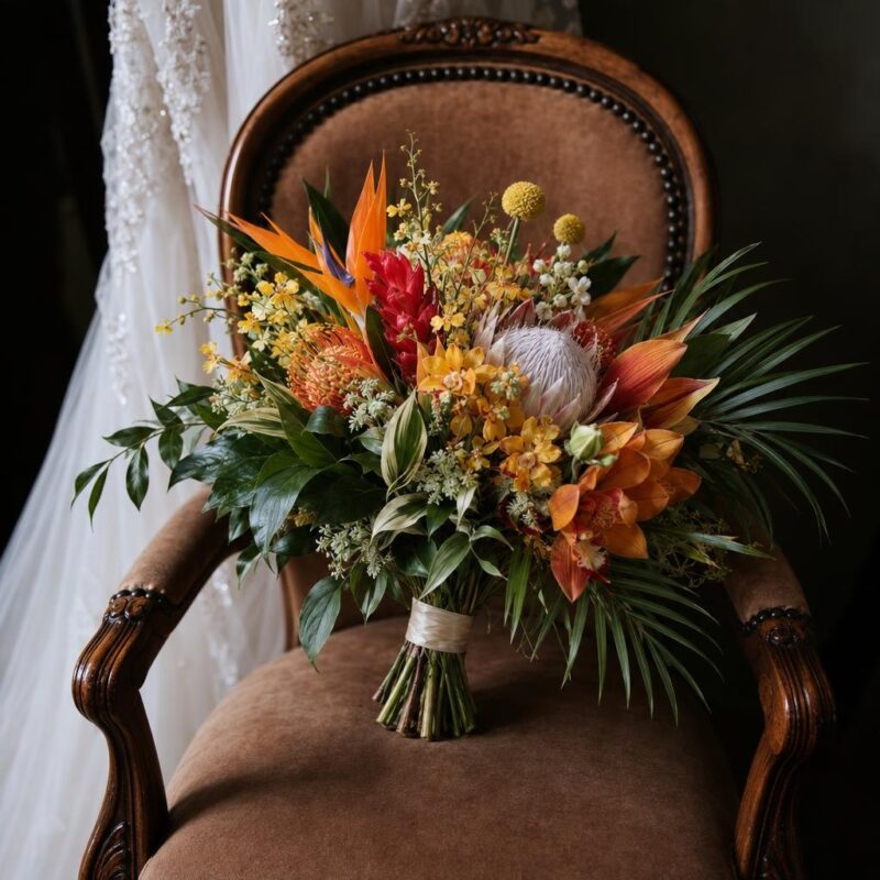 King Protea & Orange Cymbidium Bridal Bouquet