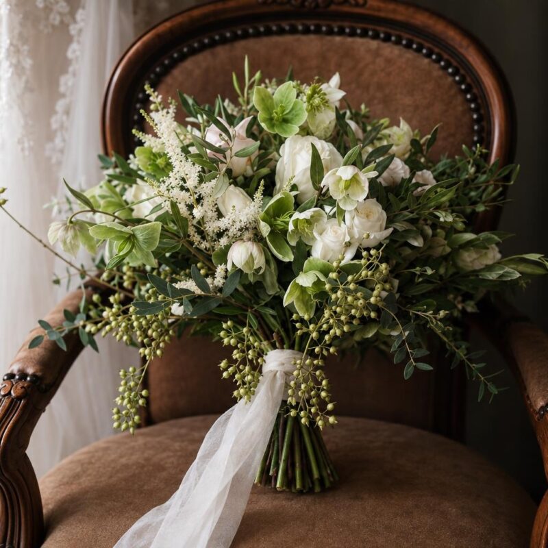 White Rose & Green Hellebore Bridal Bouquet