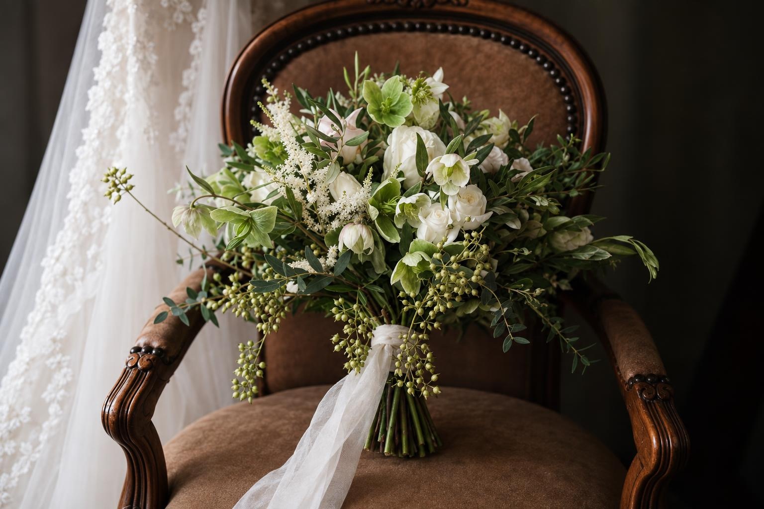 White Rose & Green Hellebore Bridal Bouquet