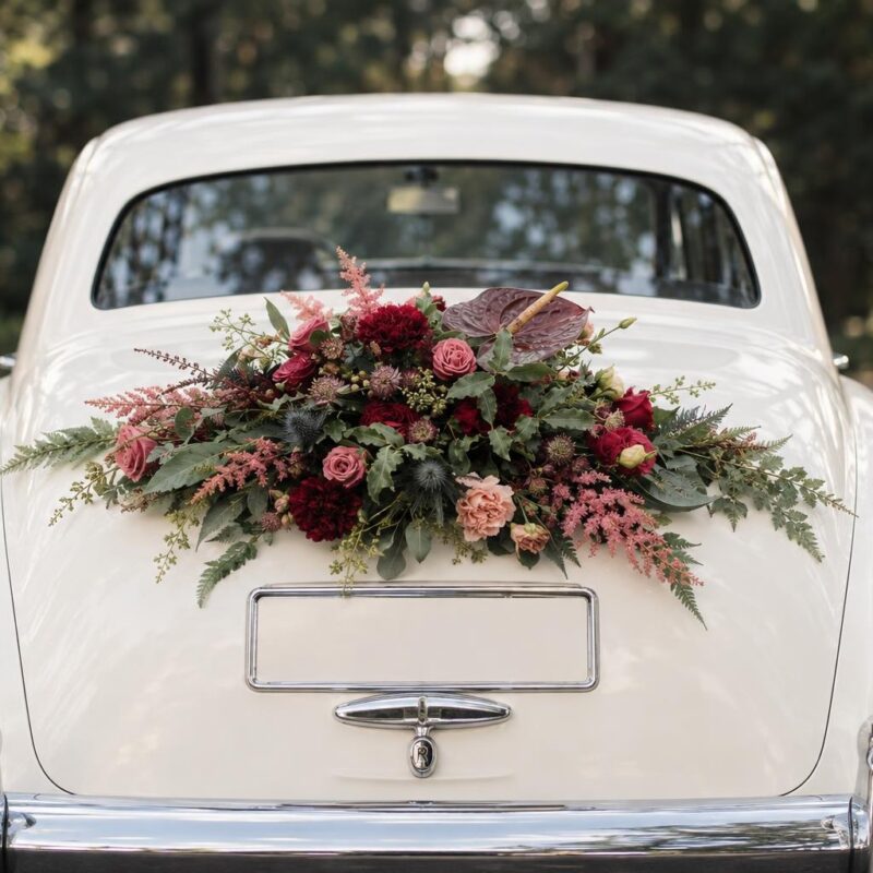 Burgundy Rose & Pink Astilbe Wedding Car Arrangement