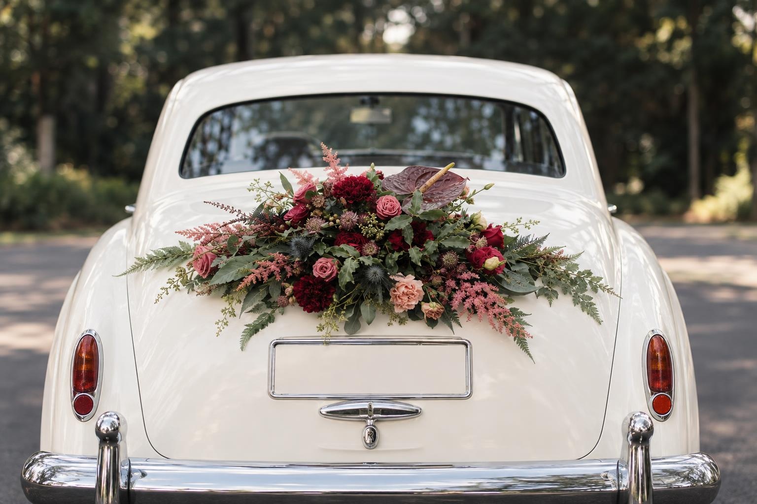 Burgundy Rose & Pink Astilbe Wedding Car Arrangement