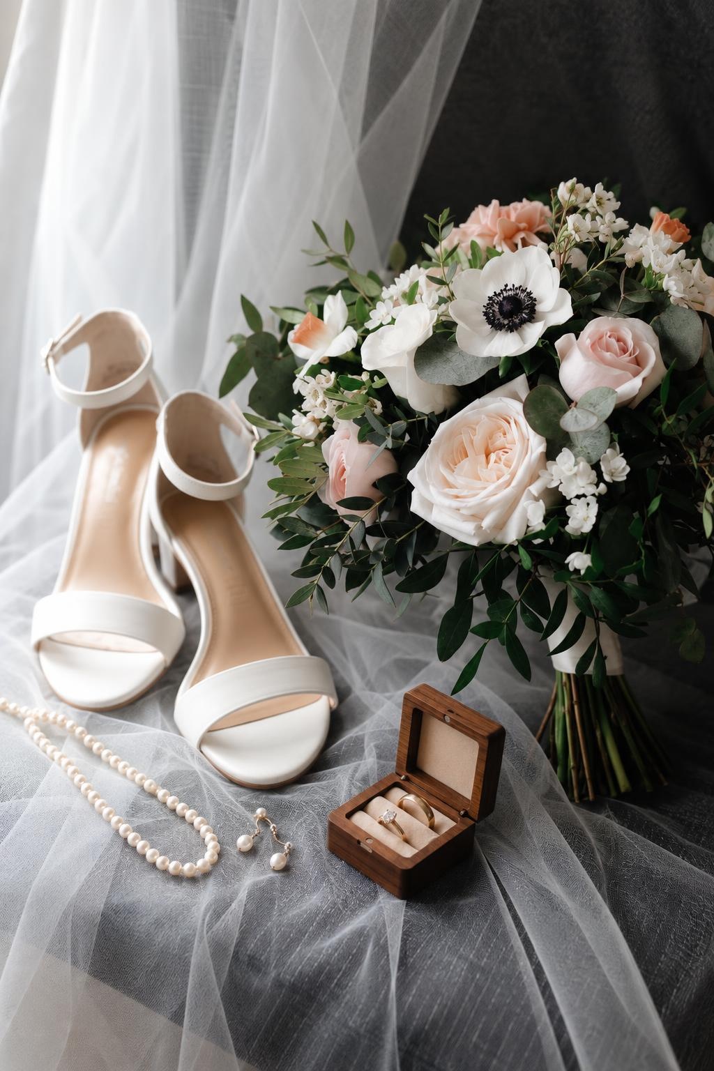 White Anemone & Blush Rose Bridal Bouquet