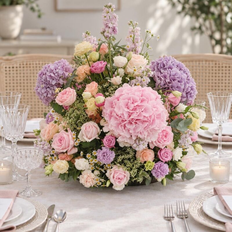 Pink & Lilac Hydrangea Rose Centrepiece