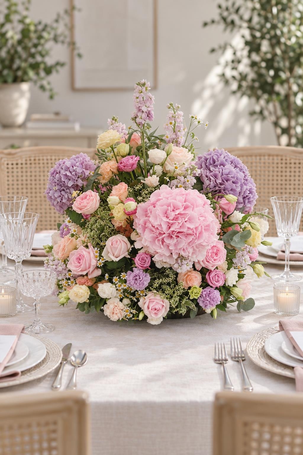 Pink & Lilac Hydrangea Rose Centrepiece