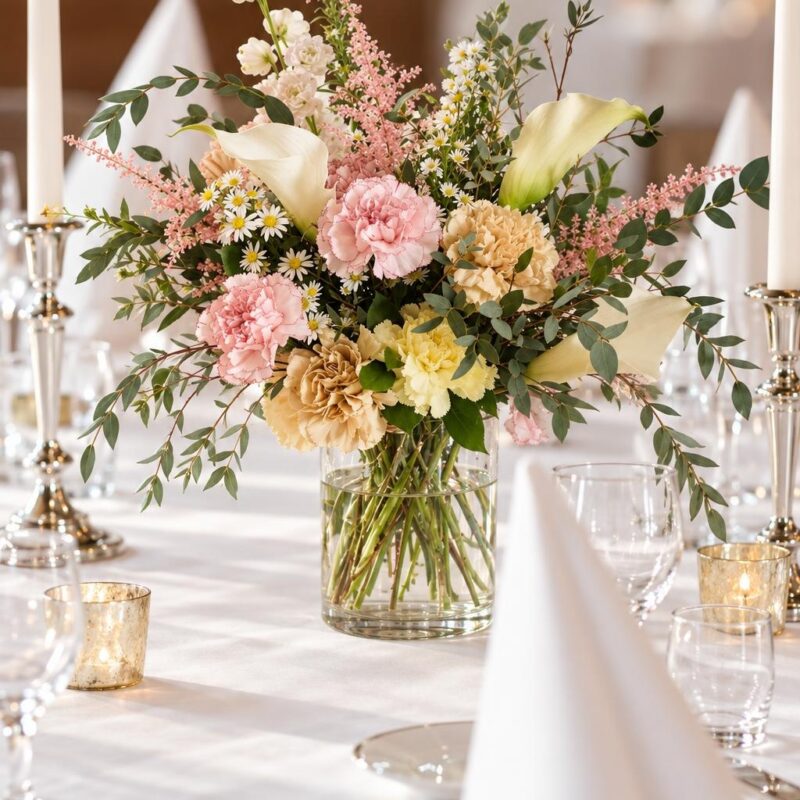 Cream Calla & Pastel Carnation Table Arrangement