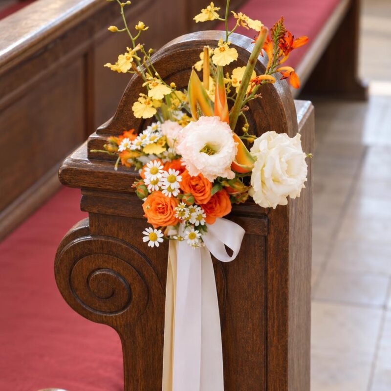 Orange Rose & Yellow Orchid Church Pew Flowers