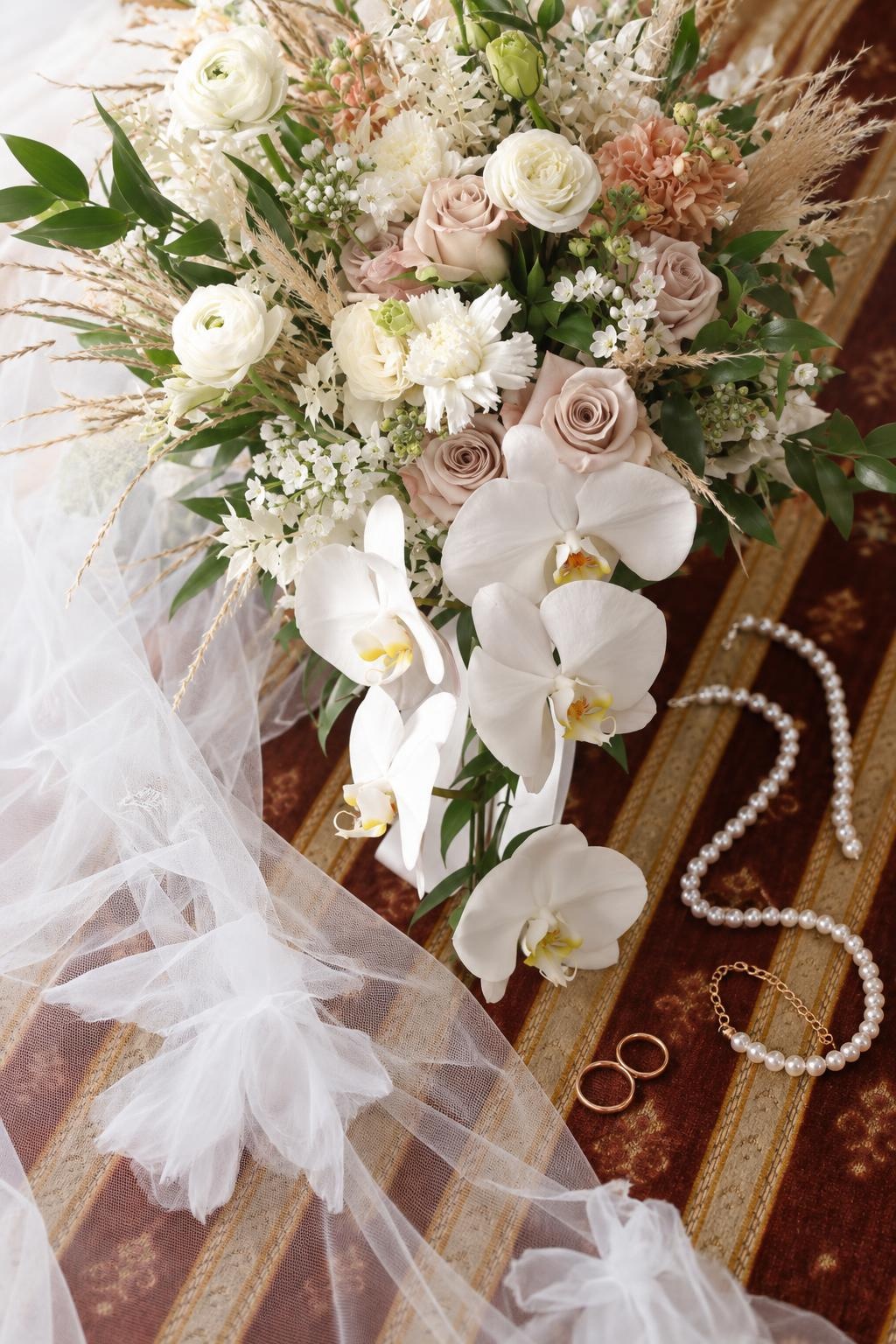 Cascading Ivory Orchid & Quicksand Rose Bridal Bouquet
