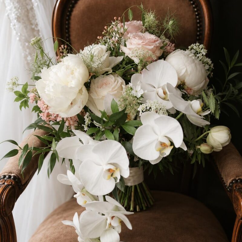 Cascading White Peony & Orchid Bridal Bouquet