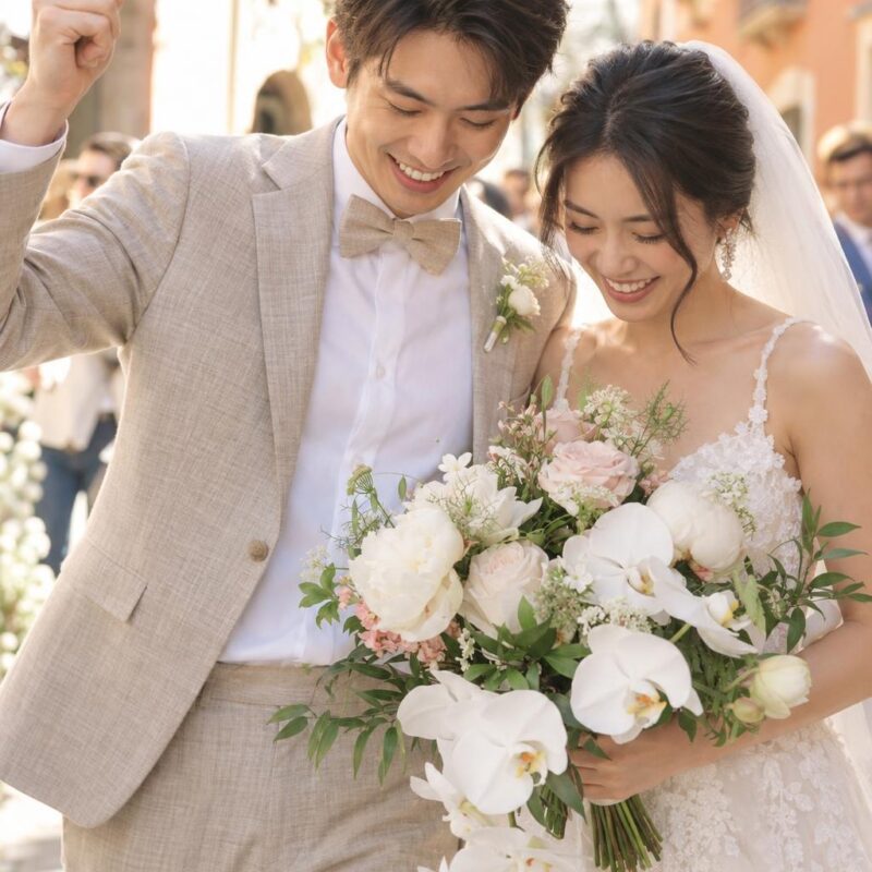 Cascading White Peony & Orchid Bridal Bouquet