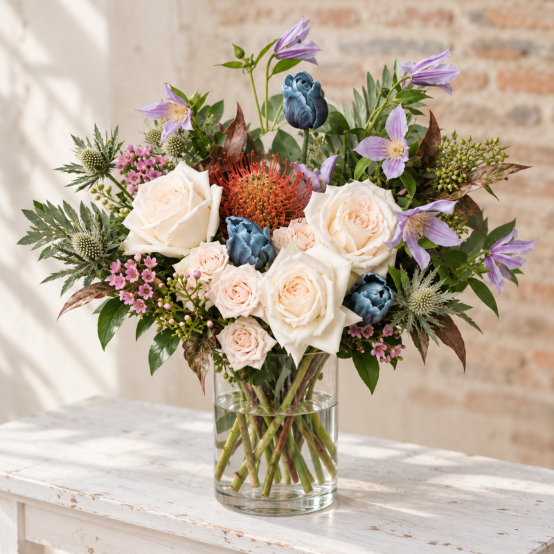 Ivory Nocturne (Next-day delivery) in a cylindrical glass vase, Deluxe size