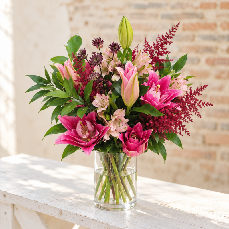 Ruby Reverie (Next-day delivery) in a cylindrical glass vase, Classic size