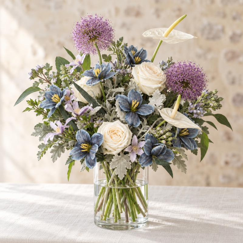 Silver Dusk (Next-day delivery) in a cylindrical glass vase, Deluxe size