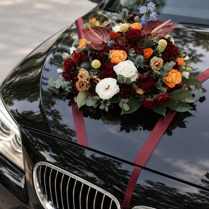 Burgundy Anthurium & Orange Rose Wedding Car Bonnet Arrangement — Photo 2