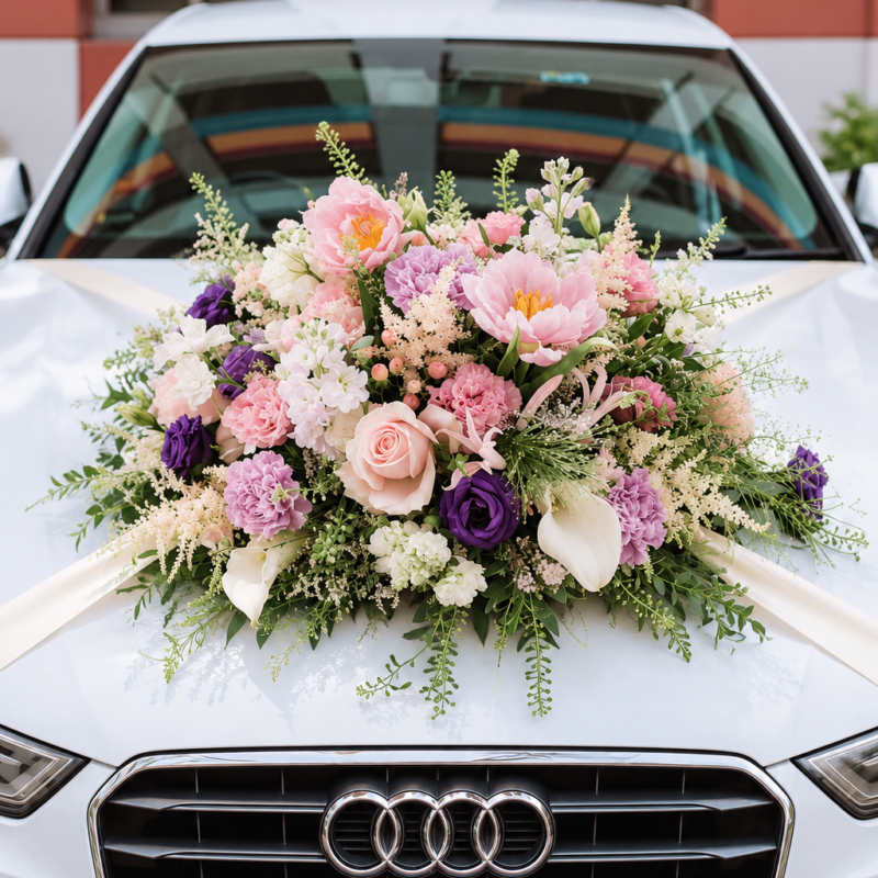 Pink Peony & Purple Rose Wedding Car Bonnet Arrangement — Photo 1