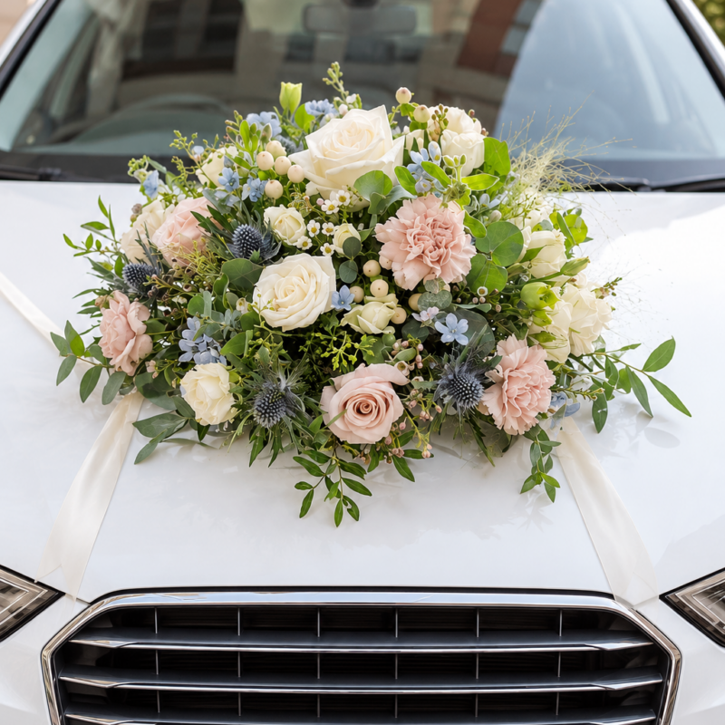 White Rose & Blush Carnation Wedding Car Bonnet Arrangement — Photo 1