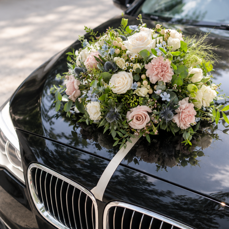 White Rose & Blush Carnation Wedding Car Bonnet Arrangement — Photo 2