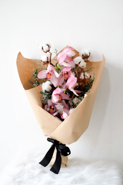 Cymbidium Orchid with Cotton Flower - Brie