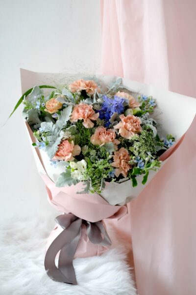 Caramel Carnation with Mini Blue Delphinium - Ellie